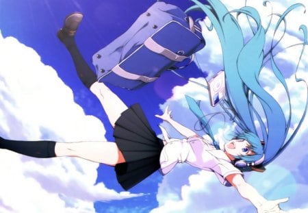 Hatsune Miku - clouds, falling, anime, vocaloid, Hatsune Miku, girl, long hair, bag, headphones