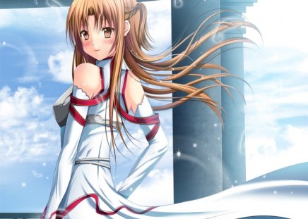 Yuuki Asuna - hot, magic, anime girl, exquisite, blonde hair, ribbon, lady, adorable, long hair, divine, beautiful, sweet, dress, woman, women, beauty, sky, brown eyes, female, brown hair, angelic, gorgeous, pretty, cloud, yuuki asuna, anime, amour, cute, sword art online, maiden, asuna, girl, magical, braids, gown, lovely, kawaii, precious, sublime, adore, blonde