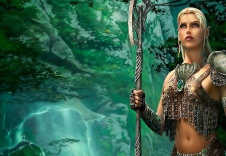 Warrior Girl - fighter, female, warrior, forest, fantasy, waterfall, woman, blond, weapon, axe