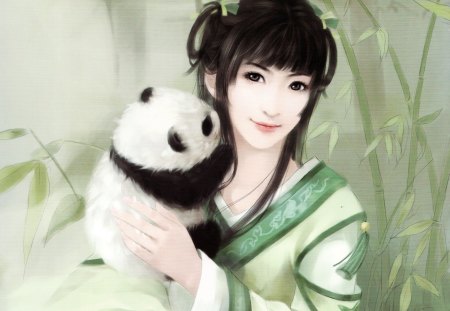 Beauty n Panda - nice, beauty, female, black hair, elegant, black, white, gorgeous, pretty, green, panda, oriental, amour, cute, china, girl, bear, lovely, beautiful, sweet, chinese, bamboo, adore