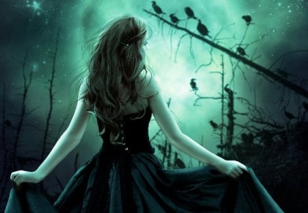 Woman Dancing in the Moonlight - moon, night time, birds, girl, moonlight, dark, goth, fantasy, woman