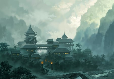 Asian Fantasy Town - landscape, asian, fantasy, town, cloudy, artwork, blue, architecture, oriental