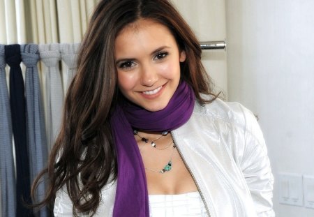 Nina Dobrev - girl, beauty, pink, actress, nina dobrev, white, scarf, purple, woman