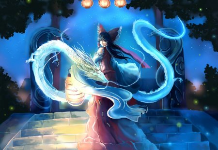 Touhou Dragon - star, anime, female, maiden, shrine maiden, night, light, long hair, dark, beast, staircase, shrine, touhou, dragon, ribbon, reimu, hakurei reimu, sky, anime girl, girl, lantern, creature, black, fantasy, cute, stair