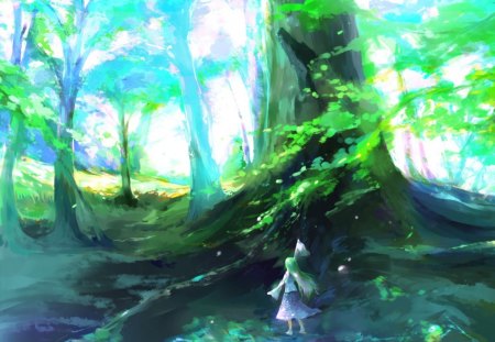 The old tree - scenic, girl, view, art, forest, anime, green, tree, manga