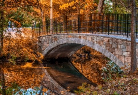 Reflected Bridge - nature, autumn, river, mirror, hdr