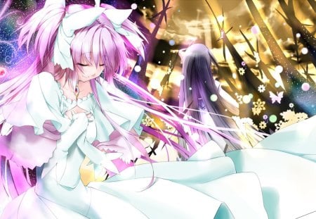 Sadness - white dress, bride, anime, sad, girl, cute, pink, hair