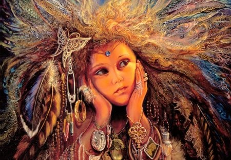 Magpie Fairy - jewelry, girl, feathers, magpie, fantasy, faerie, art, forest, makebelieve, wall, wild, josephine wall, fairy, dreamer