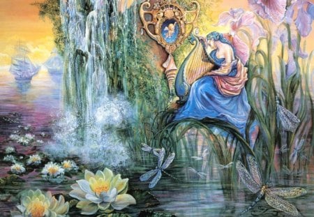 Undine 1 - woman, josephine wall, water, waterfalls, flowers, fantasy