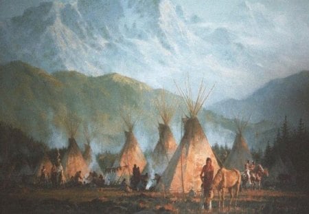 TPs in Camp - trees, camp, snow, native americans, teepee, horses, indians, mountains, tp, natives