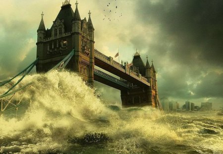 Tower Bridge - storm, clouds, birds, water, flood, london, river, waves, thames, bridge