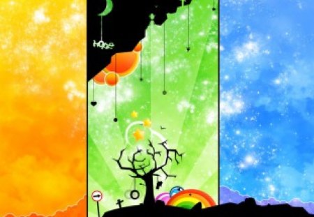 Hang for Hope - moon, sky, stars, rainbow, panels, silhouette, sign, bird, cross, hang, tree