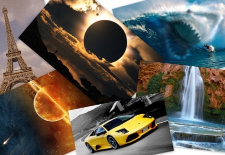 what the world has - waterfalls, cars, sharks, amazing, wonders, collage, ocean, space, iffel tower, world, lambo, sun, all in one