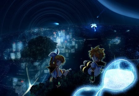 Rin and Len Kagamine Nightscape - len, rin kagamine, rin, vocaloid, len kagamine