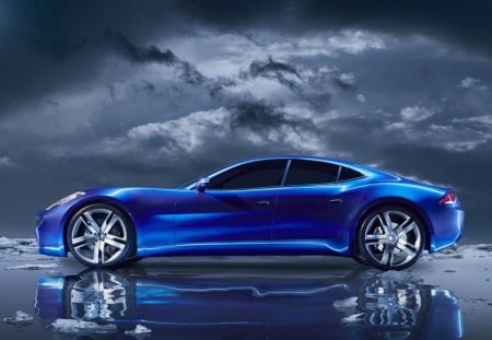 FISKER KARMA CONCEPT - sports, amazing blue car, water, karma, fantasy, car, reflection, cool, wheels, hot blue car, clouds, hot car, ice, sportscar, bombata, cars, machine, fisker, sport, blue car, l, blue, sweet, shiney, concept