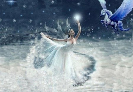 Pegasus and Ballerina Faerie - clouds, ballerina, winged, wings, fairy, stars, snow flakes