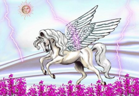 Pegasus Flying Over Pink Flowers - flowers, roses, winged, wings, horse, lightning, sun