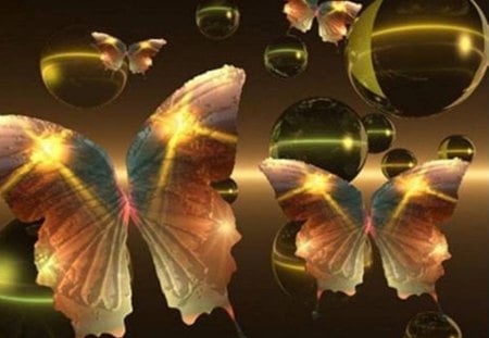 Golden Butterflies - abstract, golden spheres, butterflies