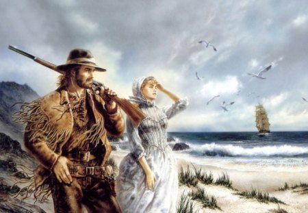 the new life - cowboy, tallship, beach, sea, westen