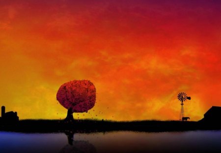 Farm Sunset - tree, silhouette, windmill, sunset