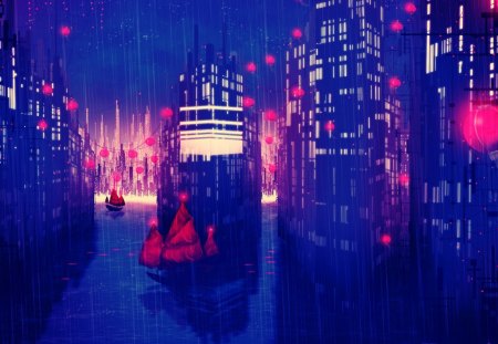 City in the night - water, blue, boat, city, night, light, pink, buildings, lantern, aqua, fantasy