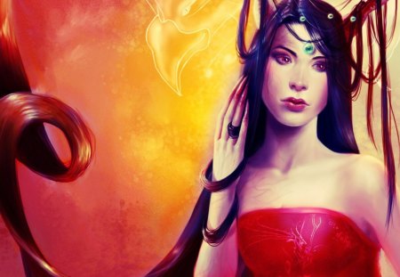 Fantasy girl - red, pink, beauty, yellow, brunette, girl, fantasy, heart, woman, green