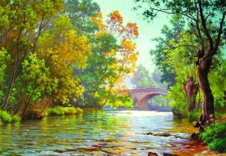 A french river landscape - nice, trees, riverbank, greenery, water, colorful, spring, calm, painting, french, quiet, pretty, reflection, calmness, river, green, grass, bridge, branches, lake, landscape, summer, shore, lovely, serenity, tranquility, forest, beautiful