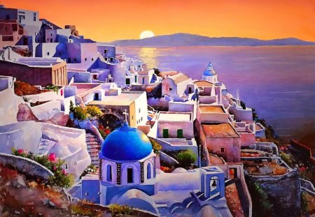 Santorini sinrise - nice, sky, dock, water, sunset, shine, coast, calm, painting, santorini, amazing, view, pretty, sunsets, architecture, paintings, morning, rays, houses, boats, summer, wallpaper, shore, greece, lovely, village, pier, town, beautiful, sunrise, sea, new