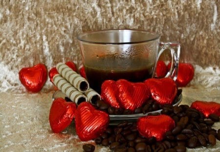 coffee with hearts - red hearts, heart, coffee, chocolate, love, still life