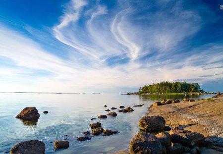 ~By The Lake's Shore~ - sky, lake, trees, water, shore, rocks, nature, clouds, beautiful