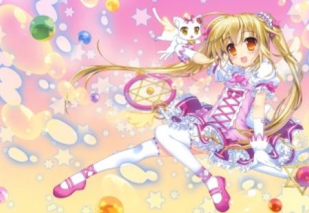 Cute Little Angel In Pink - sky, stars, angel, wand, long hair, colorful, wings, kitten, flying, pink dress, anime, cute, blonde