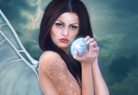 Tattooed Fairy - tattoo, woman, female, wings, ball, fairy, sphere, fantasy