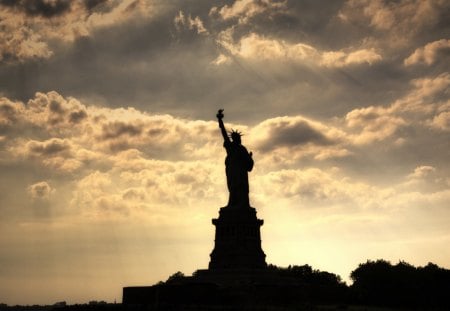 silhouette of lady liberty - clouds, silhouette, sunset, statue