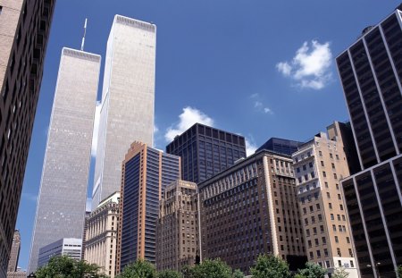 the late great world trade center in nyc - city, skyscrapers, sky, trees