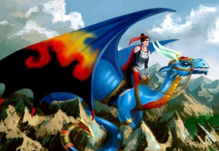 Dragon Rider - colorful, fantasy, rider, dragon, woman