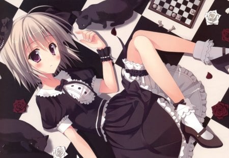 Playing Chess With The Cats - roses, anime, girl, petals, short hair, black cats, chess pieces, chess, pretty dress