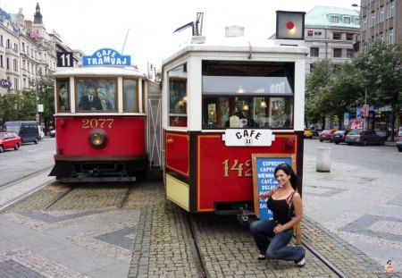 Denise Milani In Prague - Street Car Cafe, City, Outdoors, Model