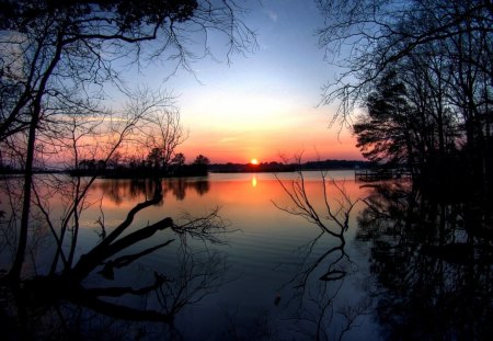 sunrise over the lake - lake, trees, sunrise, reflection