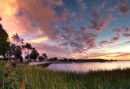 sunset on the dock of the bay - clouds, bay, sunset, dock, grass