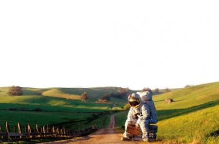 astronaut stranded in the middle of nowhere    - hitchhiker, road, countryside, astronaut