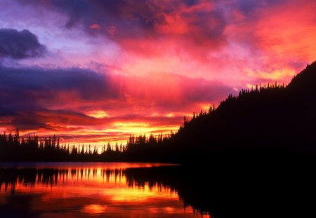 fire in the sky - lake, trees, sunset, clouds