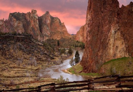 awesome river in the canyon - river, trail, fence, canyon