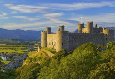 beautiful ancient castle on a hill - hill, turrets, town, castle