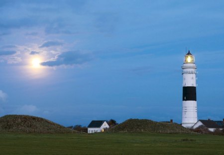 moonlight and lighthouse - moon, lighthouse, clouds, light, house