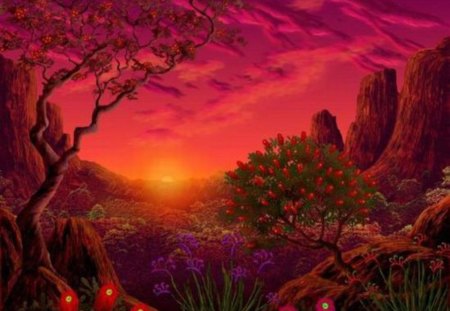 Fantasy Sunset - nature, trees, mountain, clouds, sun, flowers, sunset, fantasy