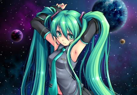 Miku Universe - anime, vocaloid, female, planet, hatsune miku, green eyes, green hair, long hair, space, superstar, idol, twin tails, anime girl, twintails, hot, singer, girl, miku, universe, diva, cute, sexy, vocaloids