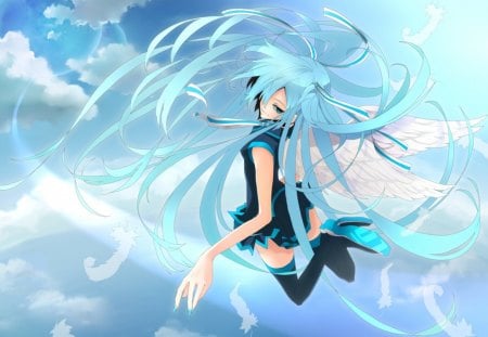 Vocaloid Angel - anime, vocaloid, female, wing, hatsune miku, angel, light, long hair, float, superstar, blue hair, ribbon, sky, idol, anime girl, hot, singer, girl, feather, fantasy, miku, diva, wings, cloud, cute, sexy, vocaloids