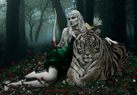 The Hunter - lady, fantasy, forest, tiger