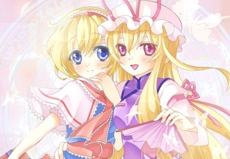 Alice Margatroid n Yakumo Yukari - beauty, female, blond, anime girl, touhou, blond hair, pretty, blonde hair, anime, cute, short hair, pink eyes, yakumo yukari, girl, blue eyes, long hair, alice margatroid, lovely, pink, beautiful, sweet, smile, happy, blonde