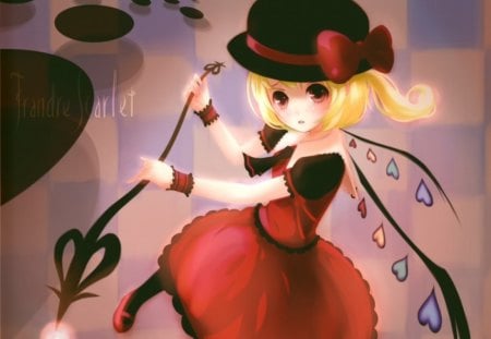 Flandre Scarlet - gown, cute, blond hair, blonde, hot, anime girl, girl, wings, blond, blonde hair, flandre scarlet, hat, fairy, red, touhou, short hair, wing, anime, dress, sexy, female